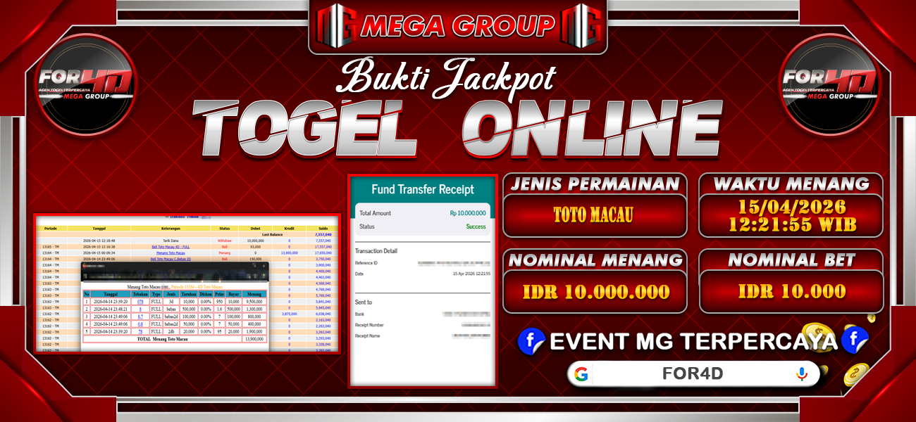 Bukti JP situs For4D hari Rabu, 15 April 2026