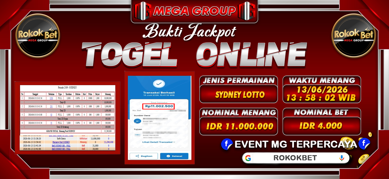 Bukti JP situs Rokokbet hari Senin, 15 Juni 2026